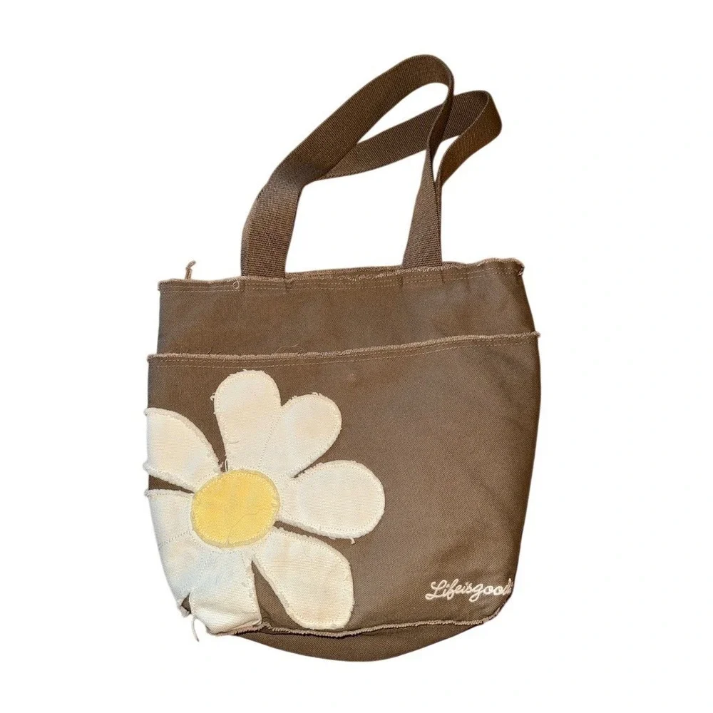Life is Good Tote Bag‎ Brown Medium Floral Daisy Applique Reusable Shopper boho